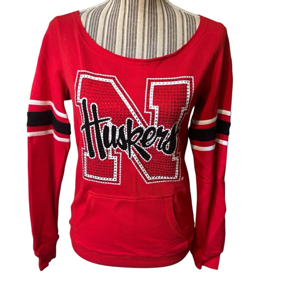 Nebraska Huskers Sweatshirt Small Red Bling Bead Boat Neck E5 College Classics